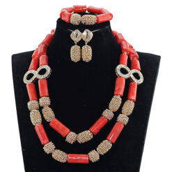 Two Rows Coral/Gold Mix beaded Set (3Pcs)